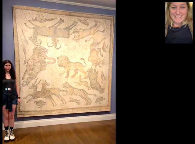 Students from Johns Hopkins walking across a mosaic from Antioch at Dumbarton Oaks (2023).